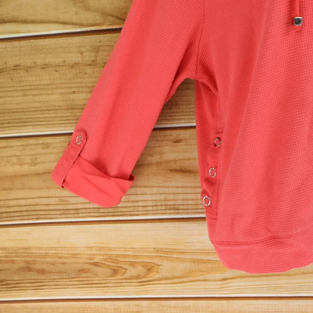 Studio Works Full Zip Jacket Womens Sz PL Orange 3/4 Sleeves Hooded Pockets Knit